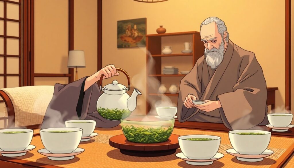 Традиционная чайная церемония в Корее: чонми и аромат чая жасмин - иллюстрация